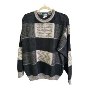 Vintage Lago Italy Black Gray 50% Wool Patchwork Sweater Grandpa Sz Large
